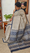 Cream and Navy Blue Printed Desi Tussar Silk Saree - EX2843