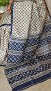 Cream and Navy Blue Printed Desi Tussar Silk Saree - EX2843