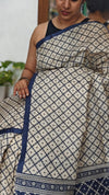 Cream and Navy Blue Printed Desi Tussar Silk Saree - EX2843