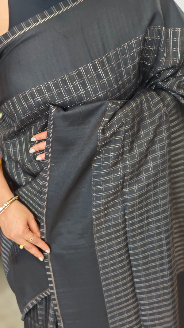 Black and Gold Checked Semi Silk Saree - 9733