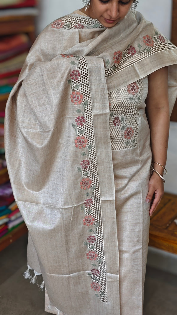 Light Beige Semi Tussar Cutwork Suit - HTV7 - Peach