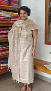 Light Beige Semi Tussar Cutwork Suit - HTV7 - Mustard
