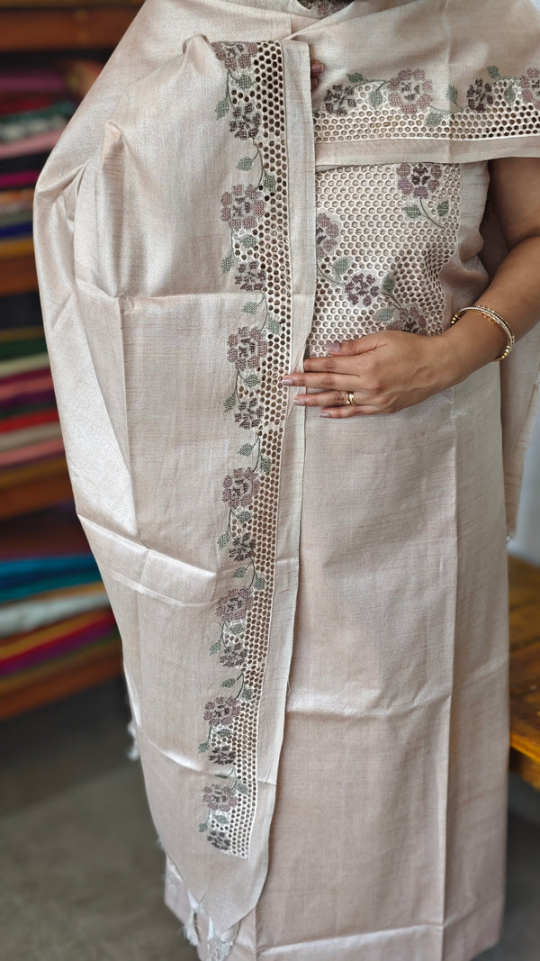 Light Beige Semi Tussar Cutwork Suit - HTV7 - Nude Mauve Pink