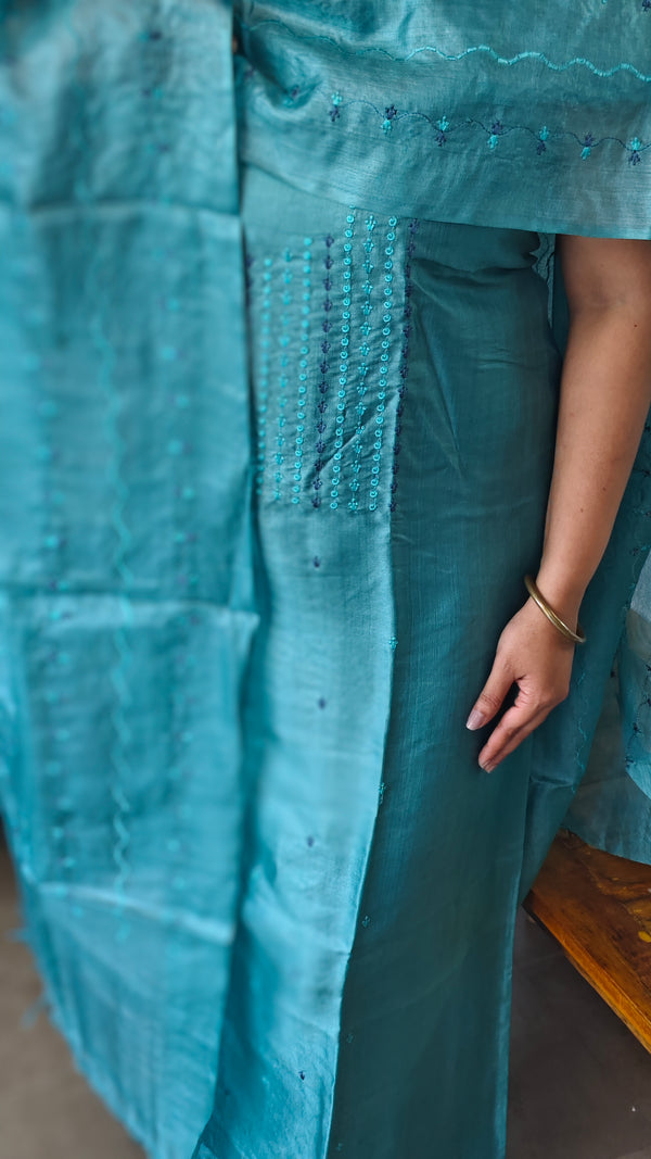 Cyan Blue Embroidered Tussar Silk Suit - E882