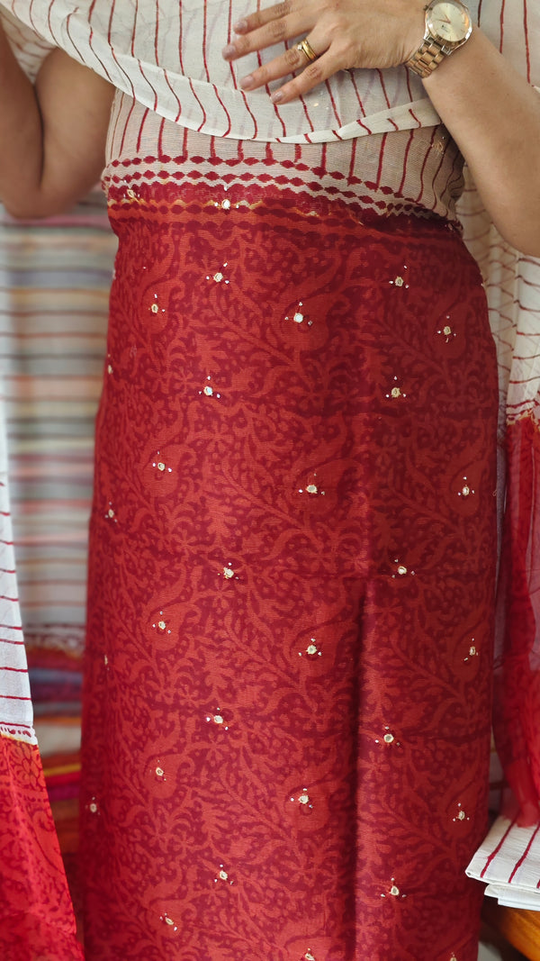Brick Red and Off White Block Printed Super Net Kota Suit - U729