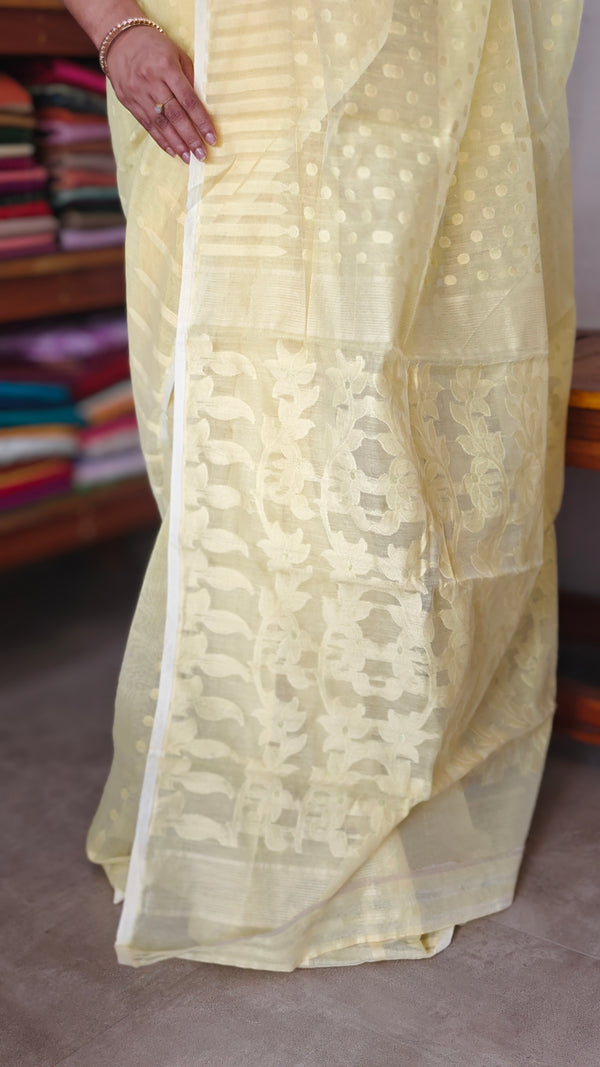 Pastel Yellow Cotton Muslin Jamdani Saree
