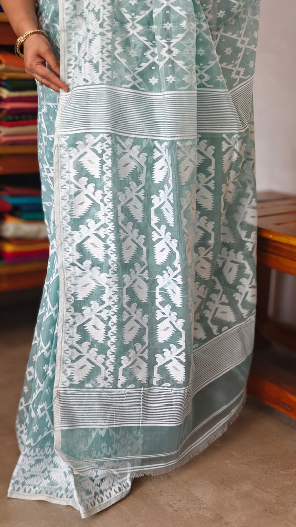 Aque Blue Muslin Cotton Jamdani Saree