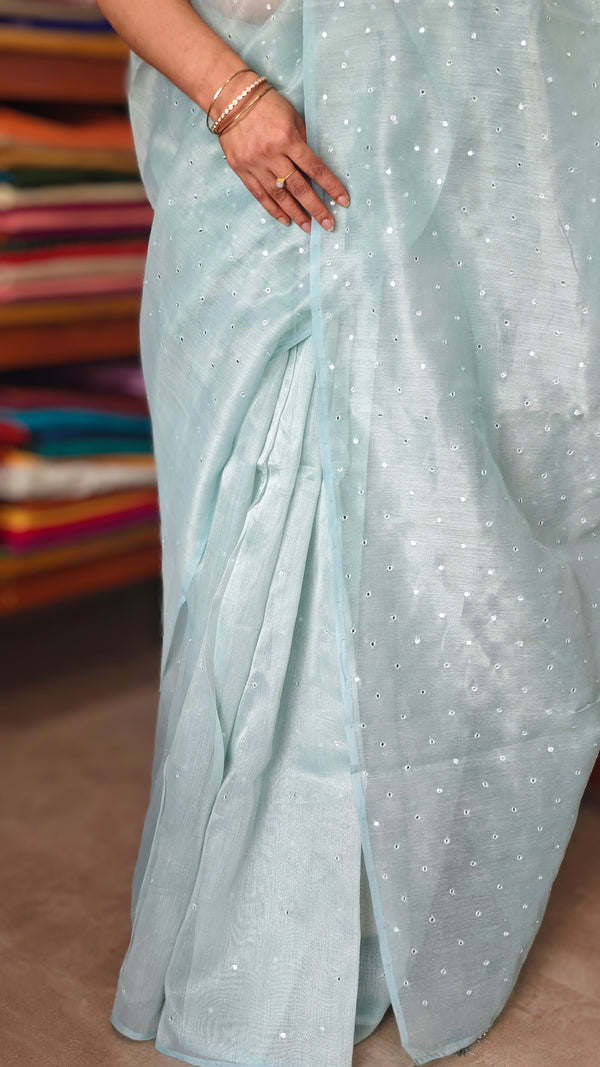 Aqua Blue Tissue Organza Saree with Mirror Work - 3637A