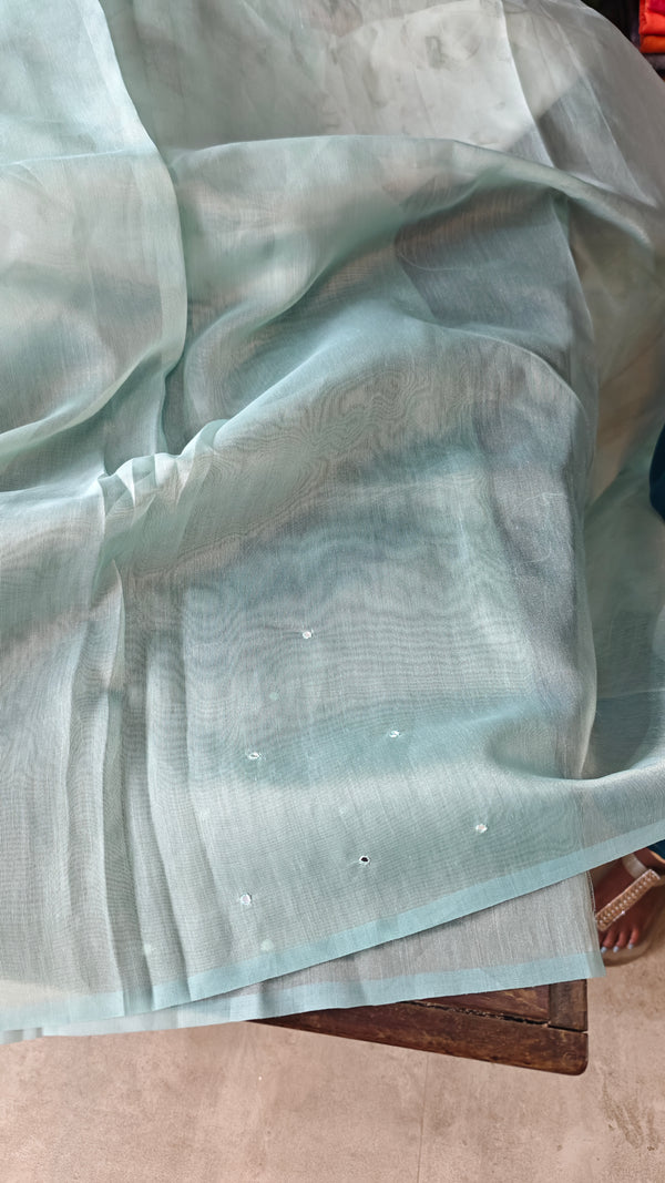 Aqua Blue Tissue Organza Saree with Mirror Work - 3637A
