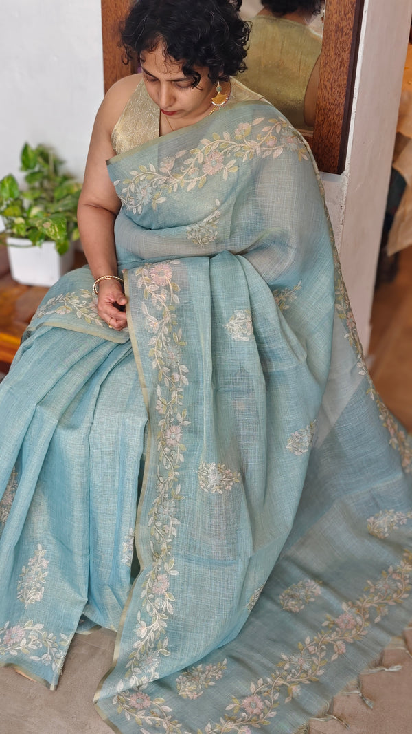 Teal Blue Tissue Linen Saree with Zari Embroidery - XN28