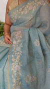 Teal Blue Tissue Linen Saree with Zari Embroidery - XN28