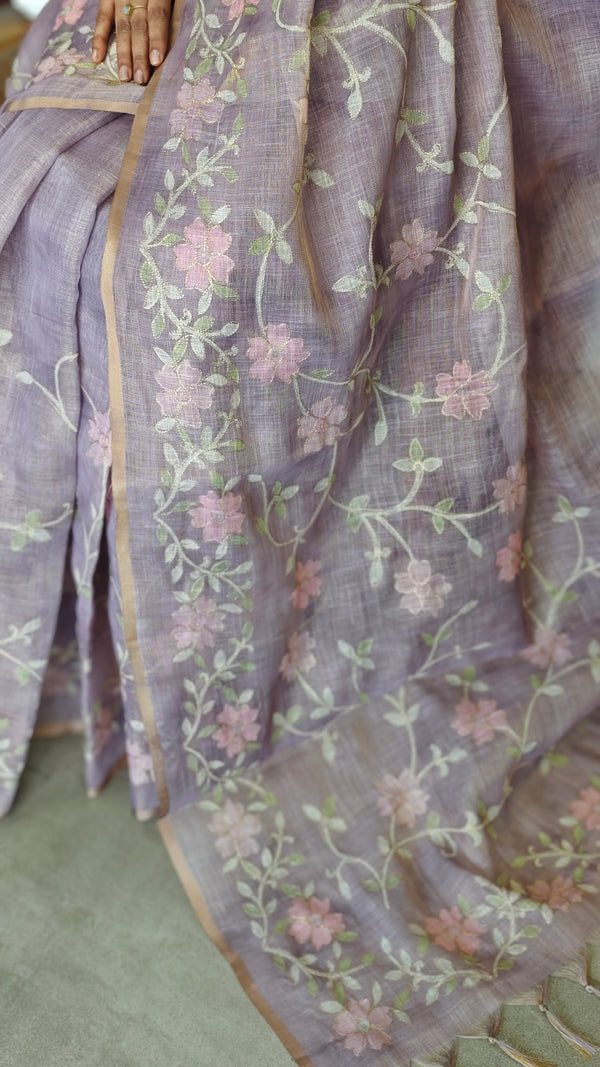 Dusty Lavender Linen Tissue Saree with Zari Embroidery - XN28