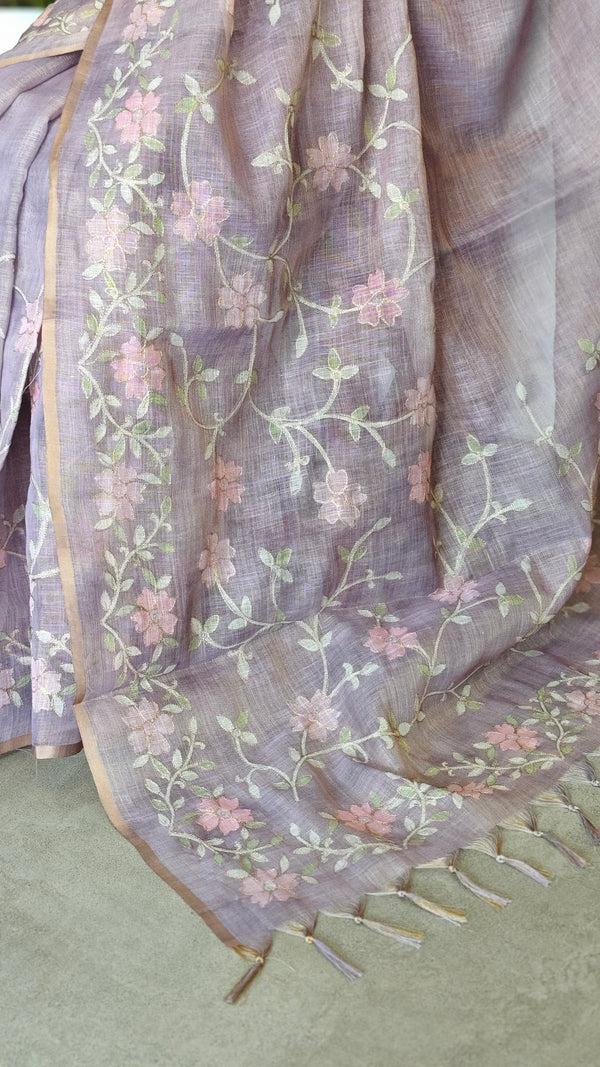 Dusty Lavender Linen Tissue Saree with Zari Embroidery - XN28