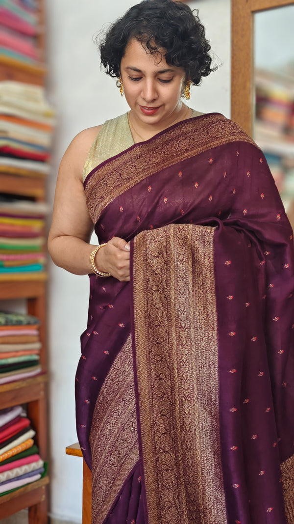 Deep Purple Chinon Silk Banarasi Saree - CB492