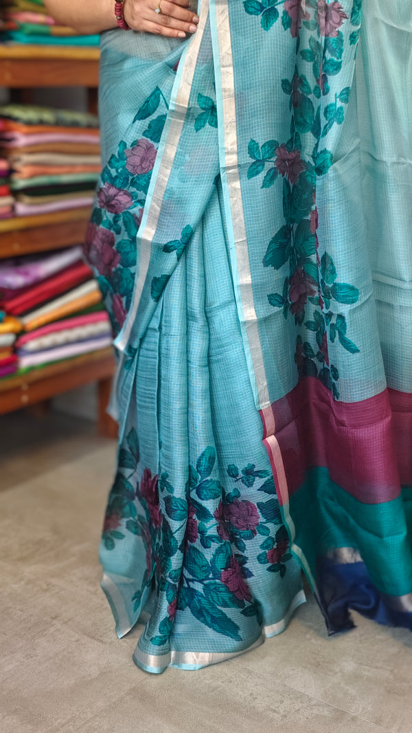 Aqua Blue Floral Printed Pure Kota Silk Saree - KTS3