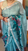 Aqua Blue Floral Printed Pure Kota Silk Saree - KTS3