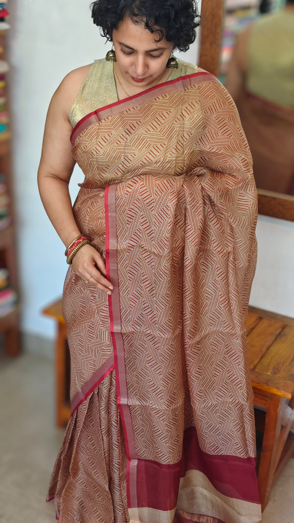Beige Printed Pure Kota Silk Saree - KTS3