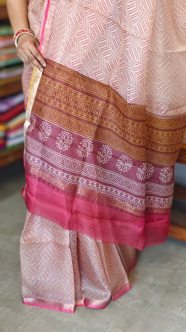 Rosy Beige Printed Pure Kota Silk Saree - KTS3