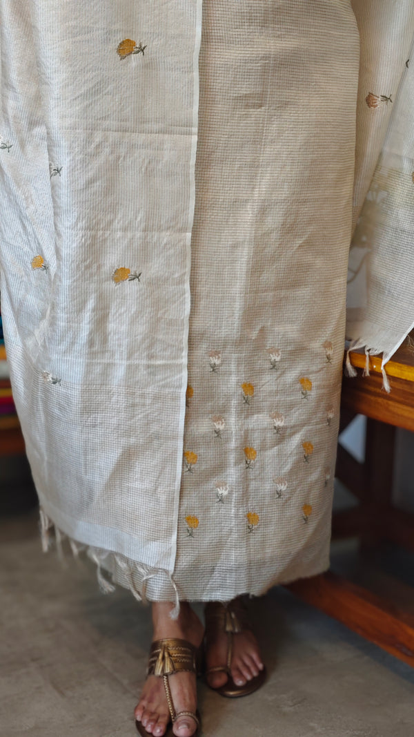 Cream Zari Checked Tussar Silk Suit with Cross Stitch embroidery - 81NZ