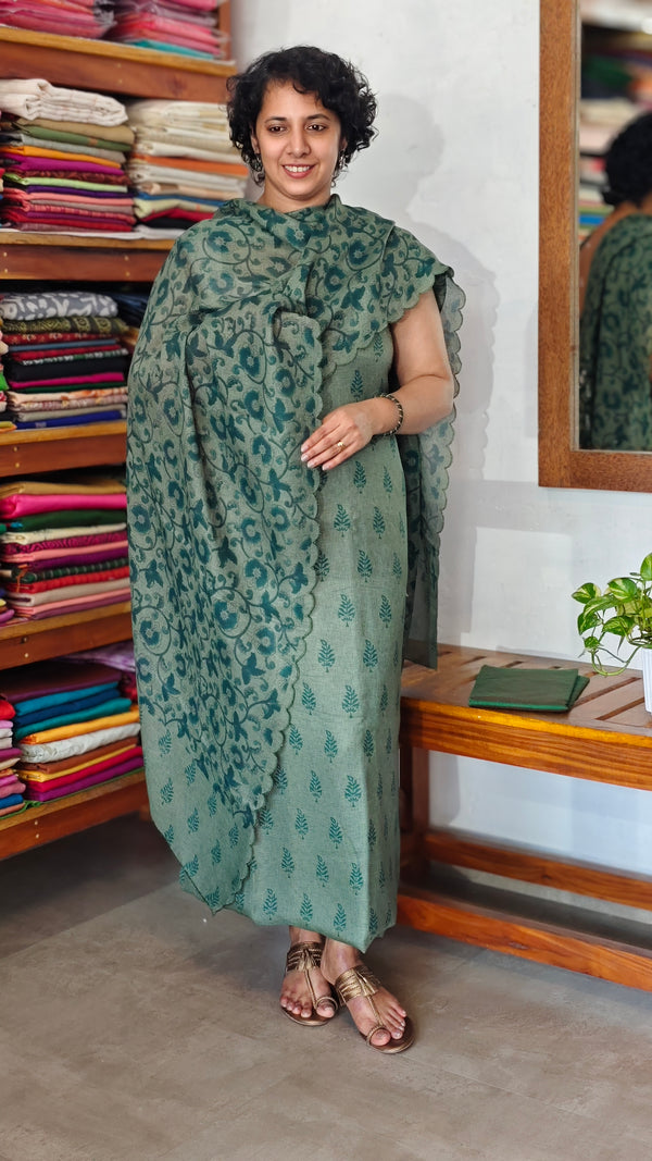 Forest Green Printed Jute Net Suit - DE312