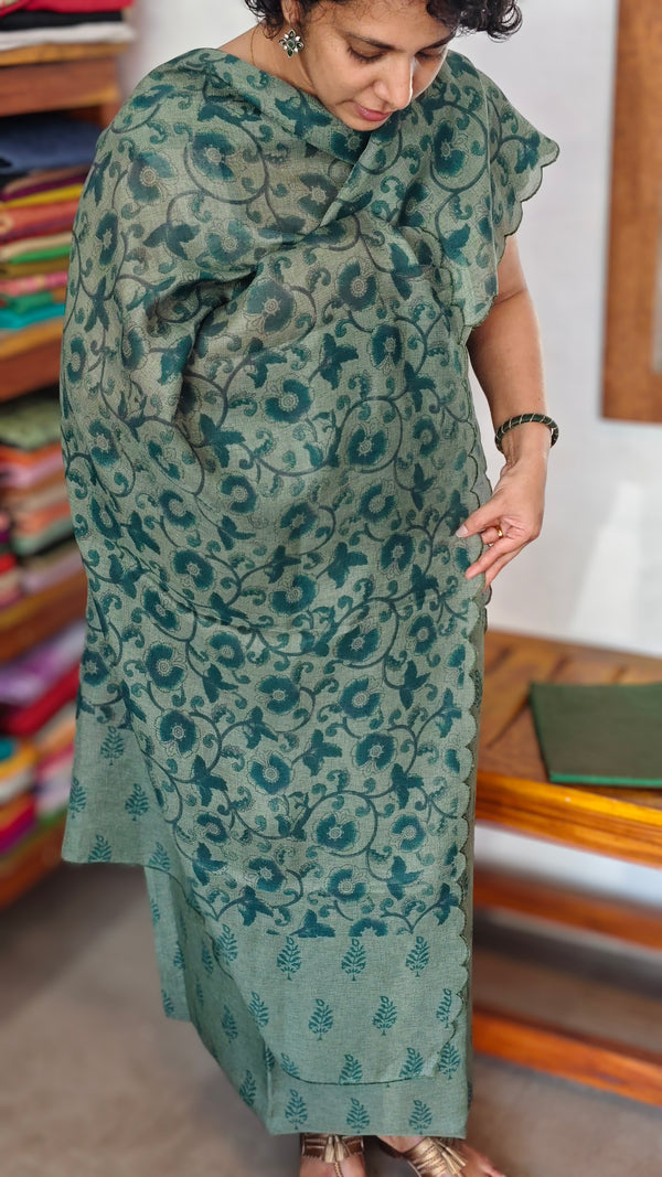 Forest Green Printed Jute Net Suit - DE312
