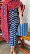 Indigo and Red Block printed Cotton Suit with Applique Dupatta