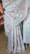 Light Teal Linen Saree with Hand Embroidery - 5N3D