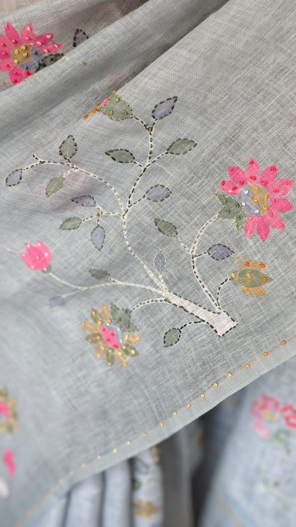 Light Teal Linen Saree with Hand Embroidery - 5N3D