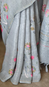Light Teal Linen Saree with Hand Embroidery - 5N3D