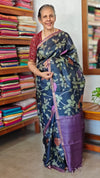 Black Floral Printed Tussar Silk Saree with Purple Borders - LS11 - A