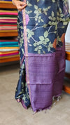 Black Floral Printed Tussar Silk Saree with Purple Borders - LS11 - A