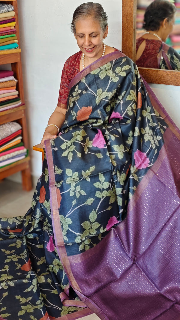 Blue Floral Printed Tussar Silk Saree with Purple Zari Borders - LS11 - B