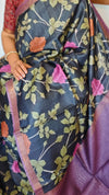 Blue Floral Printed Tussar Silk Saree with Purple Zari Borders - LS11 - B