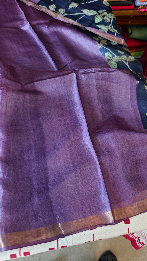 Black Floral Printed Tussar Silk Saree with Purple Borders - LS11 - A