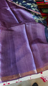 Blue Floral Printed Tussar Silk Saree with Purple Zari Borders - LS11 - B