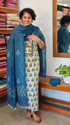 Light Cream and Blue Cotton Block Printed Suit - A