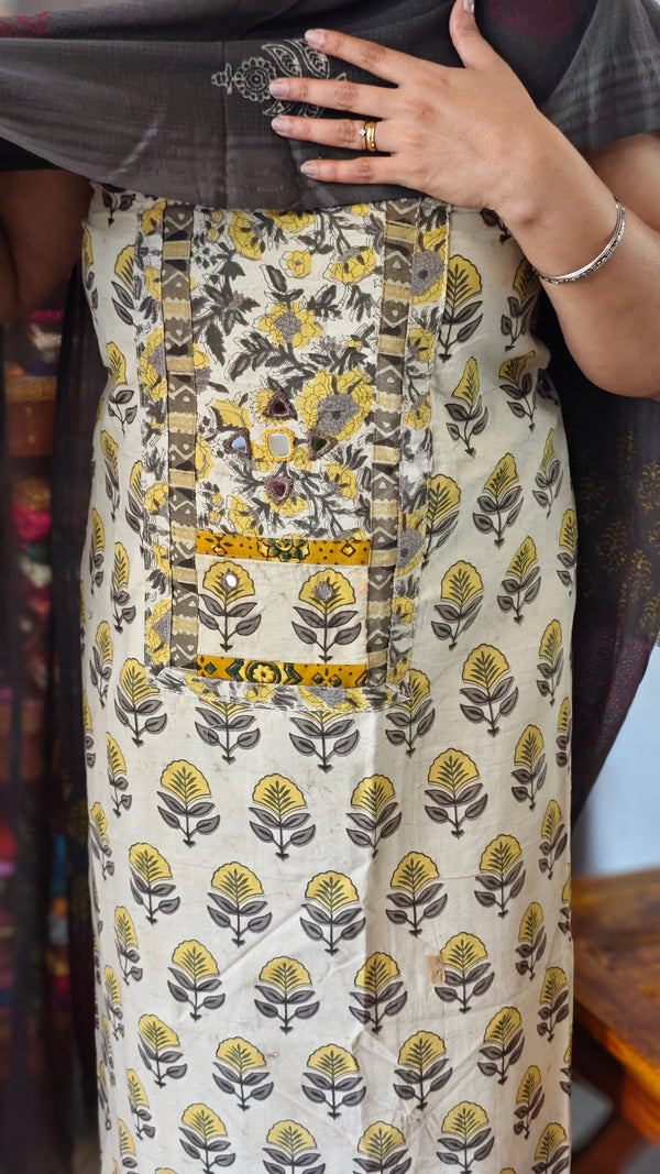 Light Cream and Dark Grey Block Printed Cotton Suit