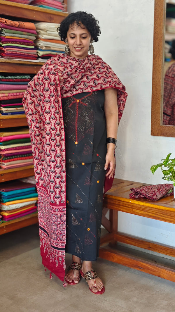 Black and Red Cotton Suit with Ajrakh Dupatta
