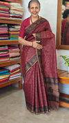 Maroon Block Printed Noel Tussar Silk Saree - TQN2
