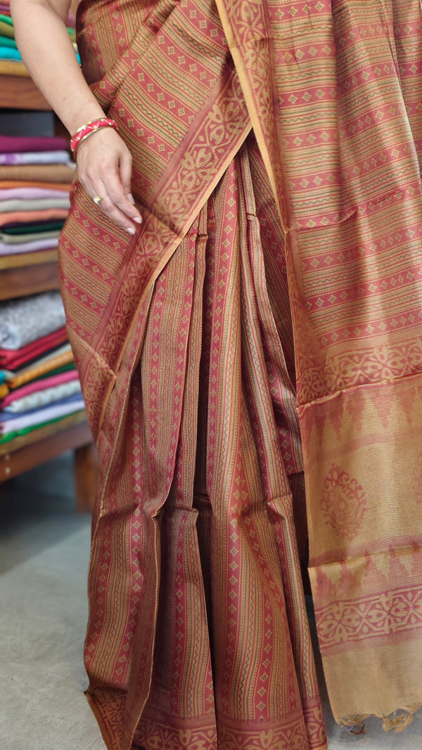 Mustard and Rust Printed Noel Tussar Silk Saree