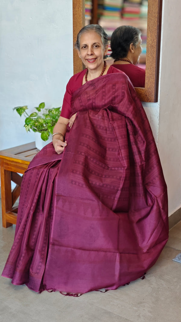 Dark Magenta Printed Noel Tussar Silk Saree