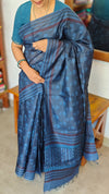 Classic Blue Block Printed Noel Tussar Silk Saree - TQN2