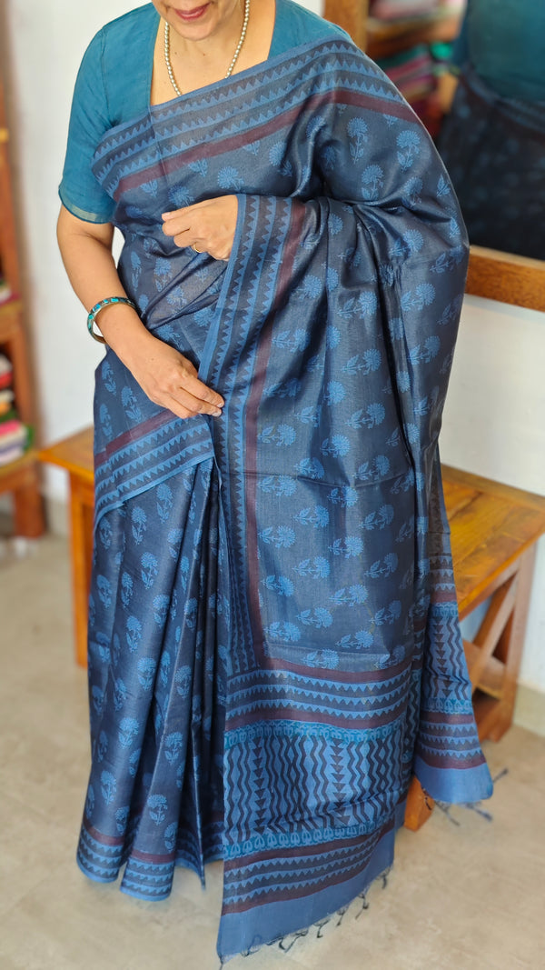 Classic Blue Block Printed Noel Tussar Silk Saree - TQN2