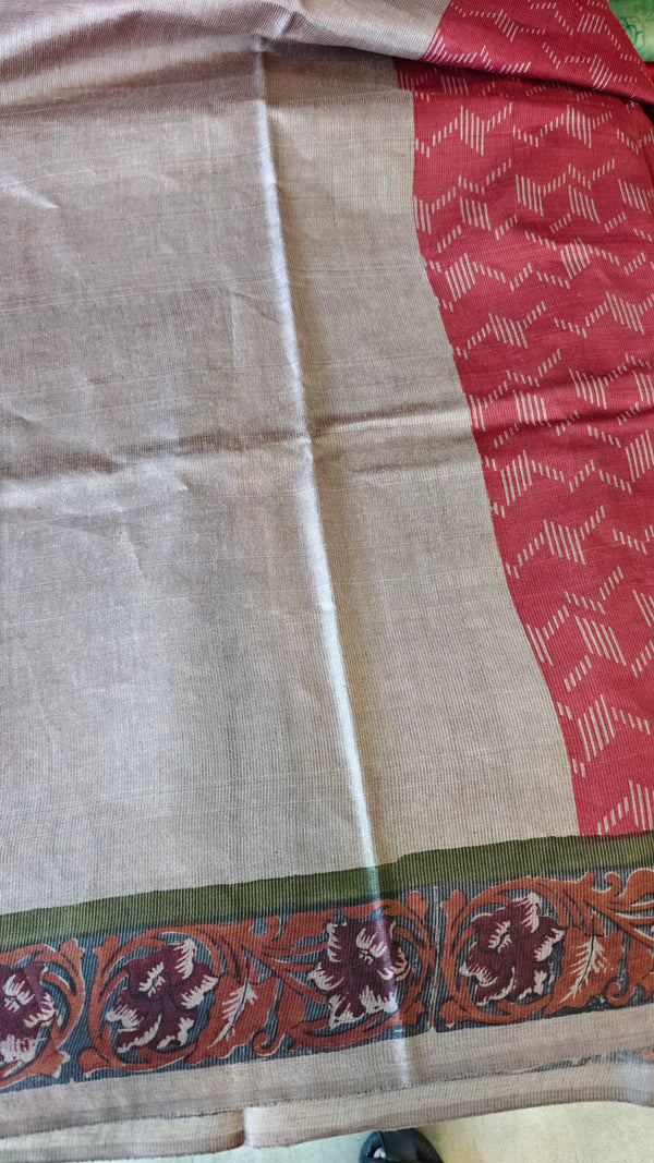 Dark Pink Block Printed Noel Tussar Silk Saree - TQN2