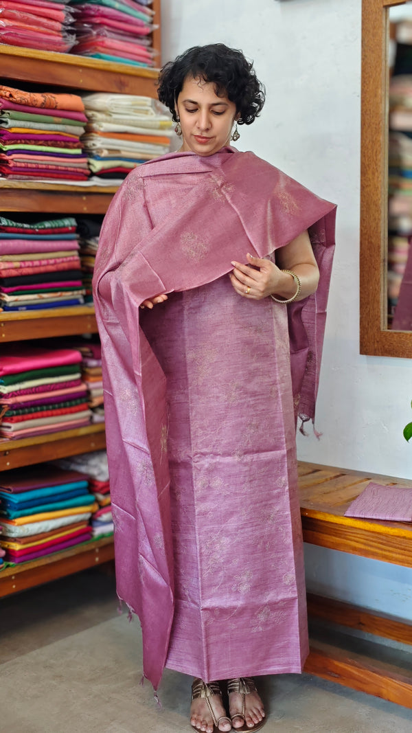 Mauve Semi Tussar Suit with Copper Thread Embroidery - TTV4