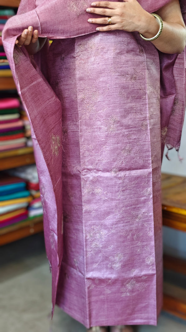 Mauve Semi Tussar Suit with Copper Thread Embroidery - TTV4