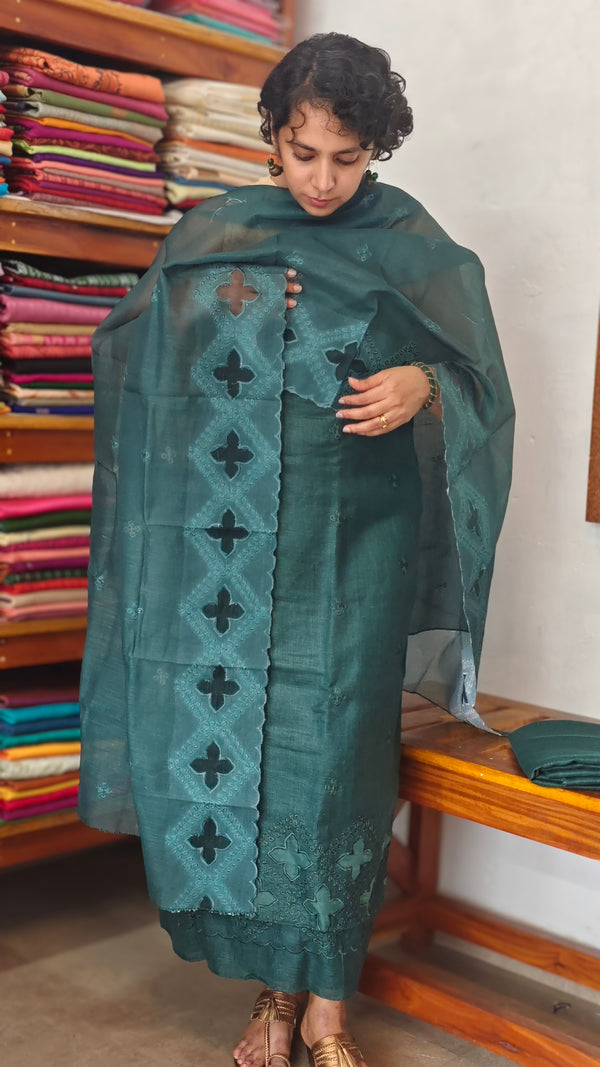 Bottle Green Linen Cotton Suit with Applique Work - RXC3