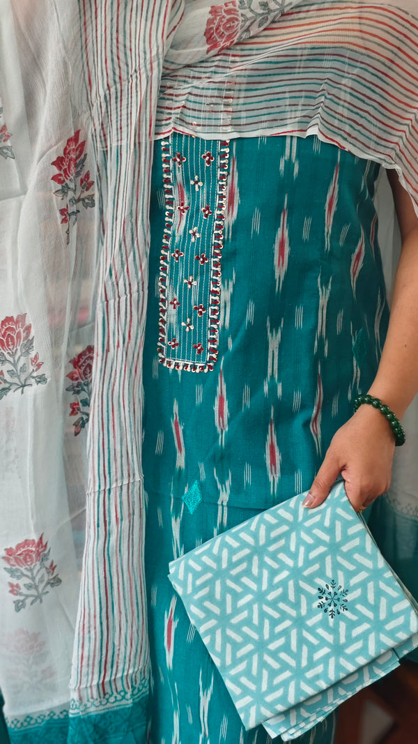 Teal Blue Cotton Ikat Suit