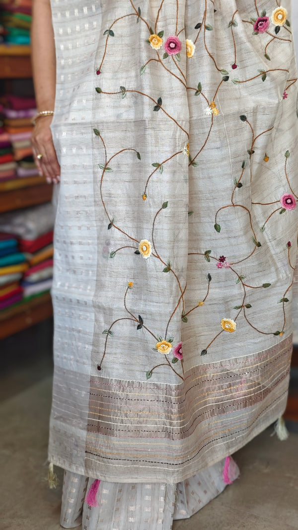 Light Beige Tissue Linen Saree with Hand Embroidery