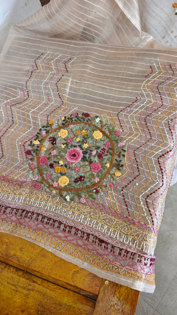 Light Beige Tissue Linen Saree with Hand Embroidery